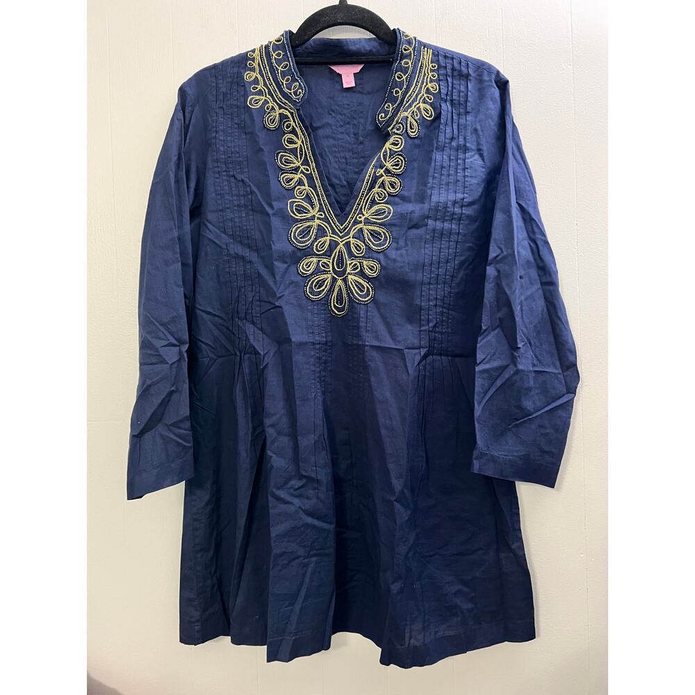 Lilly Pulitzer Pintuck Navy and Gold Beaded Tunic Size Medium